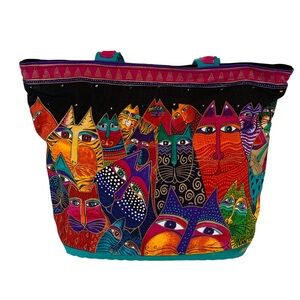 LAUREL BURCH Tote Bag Cat Faces Art Large Colorful Boho Style Shoulder Bag NWT